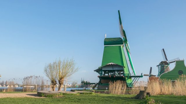 Dutch Windmill time lapse at Zaanse Schans Village, Amsterdam Netherlands timelapse 4K