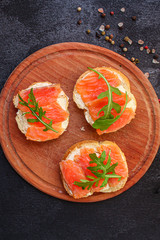 sandwich salmon smorrebrod delicious snack seafood fish, pescatarian menu concept. food background. top view. copy space