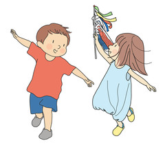 Boy and girl flying colorful carp streamers in the wind to celebrate Japanese Children’s day. Cartoon character drawing.