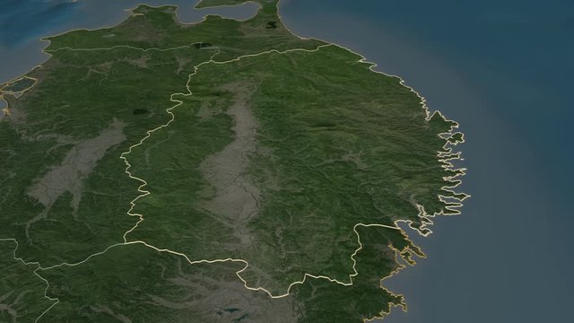 Iwate, prefecture with its capital, zoomed and extruded on the satellite map of Japan in the conformal Stereographic projection. Animation 3D