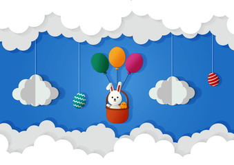 happy easter day on the sky background. paper art style. vector Illustration.