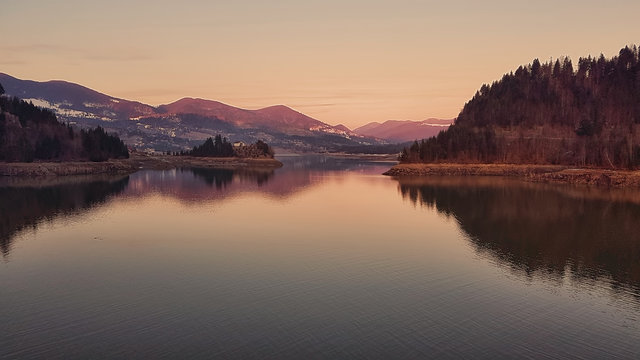 scenic image of lake at sunset with nice colour