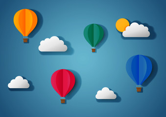 paper art travel with balloon flying background. vector Illustration.