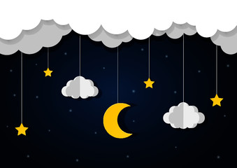 night sky. moon, stars and clouds in midnight. paper art style. vector Illustration.
