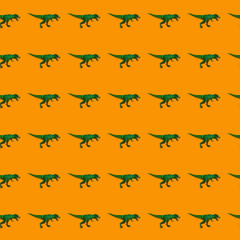 green dinosaur toy with open mouth on a vivid orange background seamless pattern