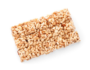 Bar of delicious rice crispy treat isolated on white, top view