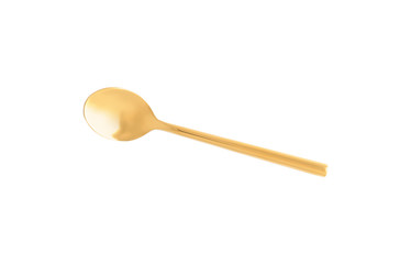 Clean golden spoon isolated on white, top view
