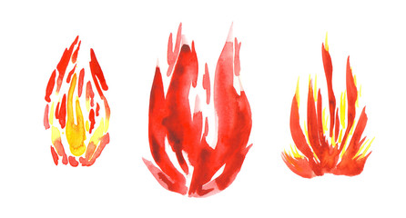 Watercolor fire set isolated on white background. Tongues of flame, template for text or lettering. Hand drawn yellow and orange aquarelle burning bonfire, campfire silhouette with sparks.