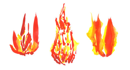 Watercolor fire set isolated on white background. Tongues of flame, template for text or lettering. Hand drawn yellow and orange aquarelle burning bonfire, campfire silhouette with sparks.