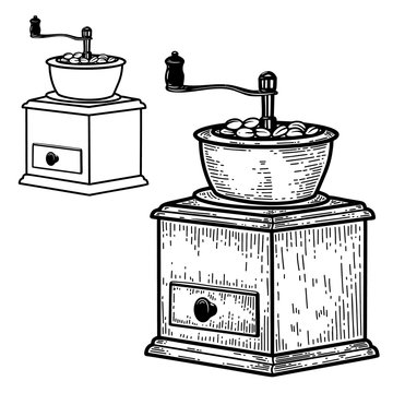 Illustration of coffee mill in engraving style. Design element for logo, label, sign, emblem, poster. Vector illustration