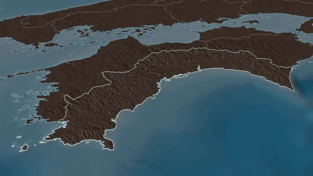 Kochi, prefecture with its capital, zoomed and extruded on the administrative map of Japan in the conformal Stereographic projection. Animation 3D