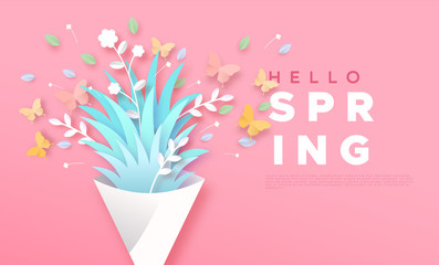 Hello spring card template of paper cut butterfly
