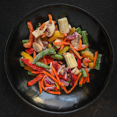 frozen vegetables mix salad onion, corn, pepper, paprika, mushrooms, asparagus beans, carrot and others, ketogenic diet menu concept. food background. top view. copy space
