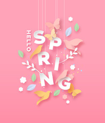Hello spring paper cut card of nature season icons - obrazy, fototapety, plakaty