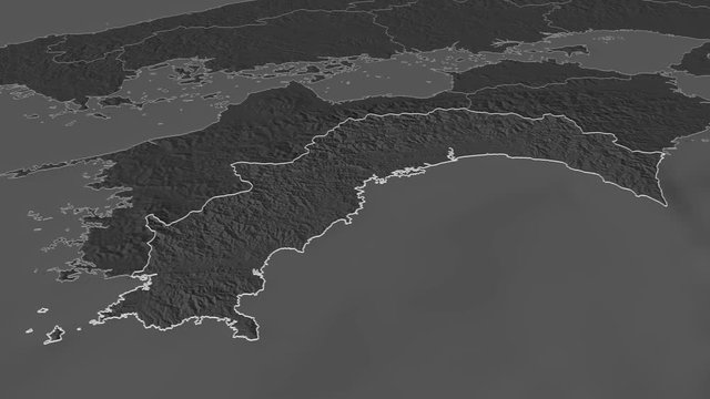 Kochi, prefecture with its capital, zoomed and extruded on the bilevel map of Japan in the conformal Stereographic projection. Animation 3D