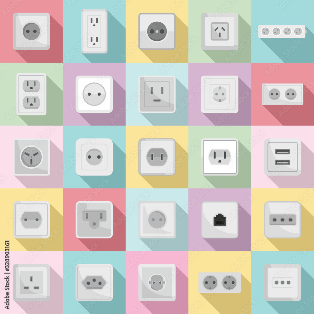 Poster power socket icons set. flat set of power socket vector icons for web design
