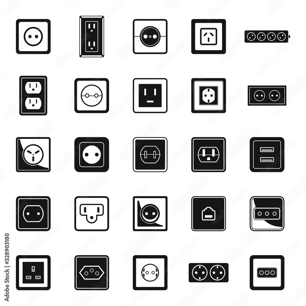 Poster power socket plug icons set. simple set of power socket plug vector icons for web design on white ba