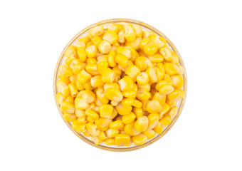 Canned corn seeds in glass bowl isolated on white background