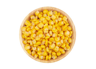 Canned corn in wooden bowl isolated on white background