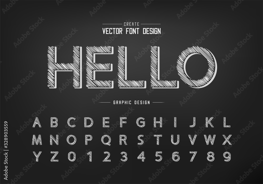 Fototapete Pencil font  font and alphabet vector, Sketch design typeface and number, Graphic text on background