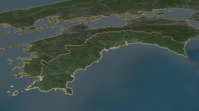 Kochi, prefecture with its capital, zoomed and extruded on the satellite map of Japan in the conformal Stereographic projection. Animation 3D