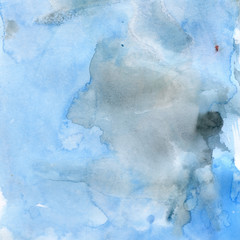 Watercolor illustration. Texture. Watercolor transparent stain. Blur, spray. Blue color.