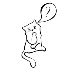 The cat is puzzled. Dialog box with a question mark. Vector illustration. On white background.