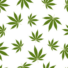 Cannabis seamless pattern. Marijuana leaf, green weed plant. Hashish texture, isolated white background. Hemp psychedelic grass. Fabric print for medical wallpaper. Simple design Vector illustration