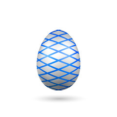 Easter egg 3D icon. Blue silver egg, isolated white background. Bright realistic design, decoration for Happy Easter celebration. Holiday element. Shiny pattern. Spring symbol. Vector illustration