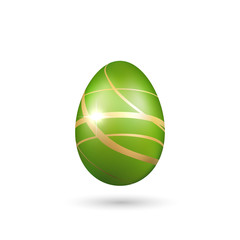 Easter egg 3D icon. Green gold egg, isolated white background. Bright realistic design, decoration for Happy Easter celebration. Holiday element. Shiny pattern. Spring symbol. Vector illustration