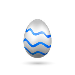 Easter egg 3D icon. Blue silver egg, isolated white background. Bright realistic design, decoration for Happy Easter celebration. Holiday element. Shiny pattern. Spring symbol. Vector illustration