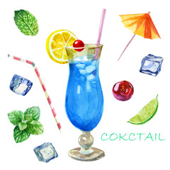 Watercolor illustration. Image of a glass with a blue lagoon cocktail. Mint leaves, ice cubes for cocktails, cocktail straw, cocktail umbrella, cherry berry.