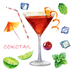 Watercolor illustration. The image of a glass with a cocktail is cosmopolitan. Mint leaves, ice cubes for cocktails, cocktail straws, cocktail umbrella, lime, lime slices.