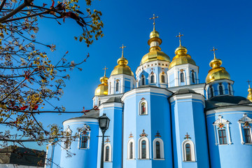 Fototapeta na wymiar Beautiful blossoming tree in the park with St Michael's Golden-Domed Cathedral in Kiev as background. The walls of the cathedral are painted blue and decorated on each facade. Domes reflecting the sun
