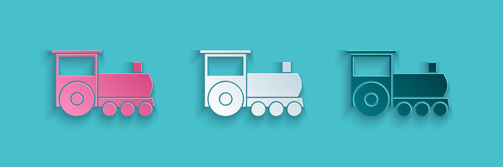 Paper cut Retro train icon isolated on blue background. Public transportation symbol. Paper art style. Vector Illustration © Vadim