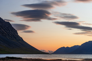 Summer dramatic sunset in the westfjords of Iceland.