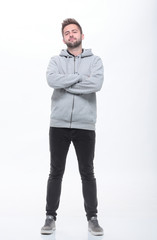 rear view . a young man looks at a large white screen