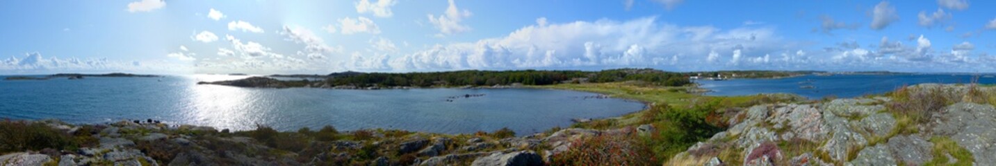 Fototapeta na wymiar Panoramic view of the landscape and the buildings in Vrango island, Archipelago of Gothenburg, Sweden