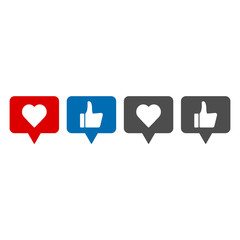 Thumbs up and down, heart signs on colorful round flat vector icons. Simple buttons with user feedback for social network, mobile app or web site design