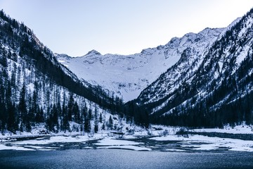 The Quarazza Valley at sunset at the end of a fantastic winter day, near the town of Macugnaga, Italy - March 2020.