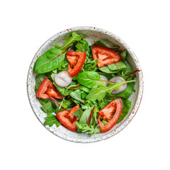 healthy salad tomato, mix leaves, onions and other ingredients, vegan, keto or paleo menu concept. top food background. copy space