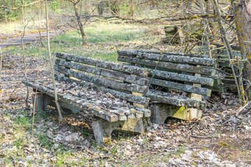 Two wooden benches covered with moss, placed one behind another. The benches are stored next to a...