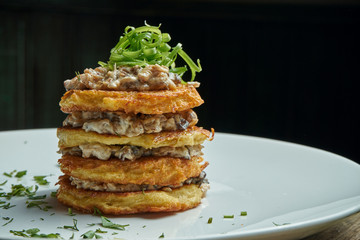 Close up view on Traditional dish of Ukrainian cuisine - potato pancakes with sour cream and mushroom on a white ceramic plate on rustic background