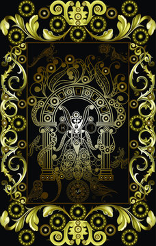 Graphic abstract design with occult tarot card. Major Arcana - The High Priestess (The Popess). Suitable for invitation, flyer, sticker, poster, banner, card, label, cover, web. Vector illustration.