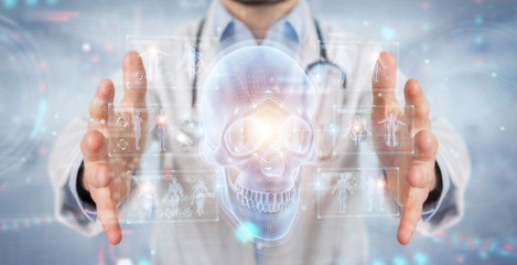 Radiologist using digital x-ray skull holographic scan projection 3D rendering