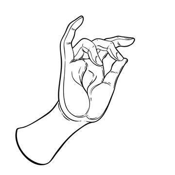 Lord Buddha's hand with eye holding Lotus flower. Isolated vector illustration of Mudra. Hindu motifs. Tattoo, yoga, spirituality, textiles. Sketchy style, hand drawn. Vintage drawing.