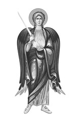 Archangel Uriel. The keeper of beauty and light, regent of the sun and constellations.  Illustration in Byzantine style.