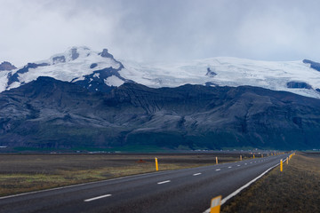 Scenic landscape with beautiful road, Mountain with glacier and snowy peak