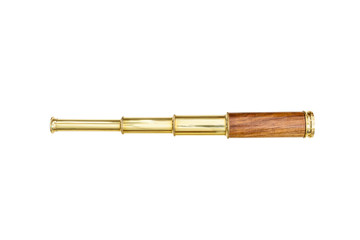 Nautical handheld brass pirate navigation telescope, zoomable vintage and adjustable telescopic monocular optic, retro look, sea marine telescope used by a sailor. Isolated on white background.