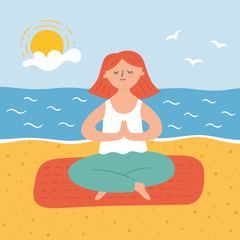 Fototapeta na wymiar Cute girl in yoga pose on the sand beach. Practicing yoga and meditates on the seashore. Vector illustration